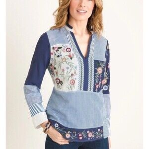 Chicos Women Boho Patchwork Embroidered Tunic Top Size 2 (M) Blue Long Sleeve